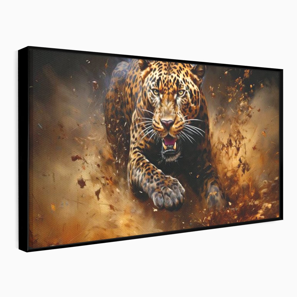 Tablou canvas cu tablou canvas cu leopard in alergare, in rama de aluminiu negru